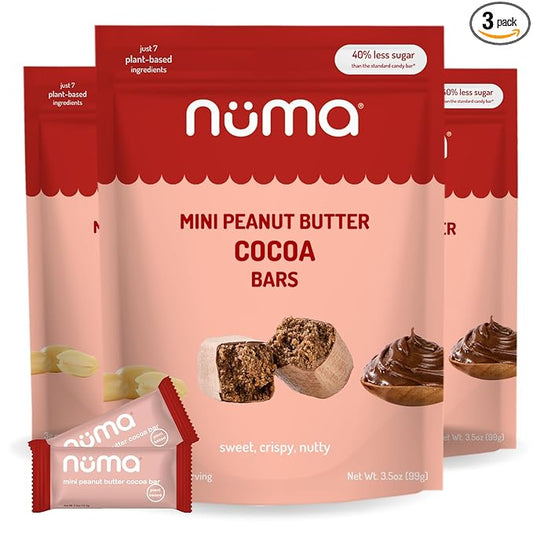 Numa Mini Peanut Butter Cocoa Bars - Vegan, Low Sugar, High Protein, Natural, Gluten Free - Crunchy Plant Based PB Snacks - 3 Bags with 8 Individually Wrapped Chocolate Protein Bars