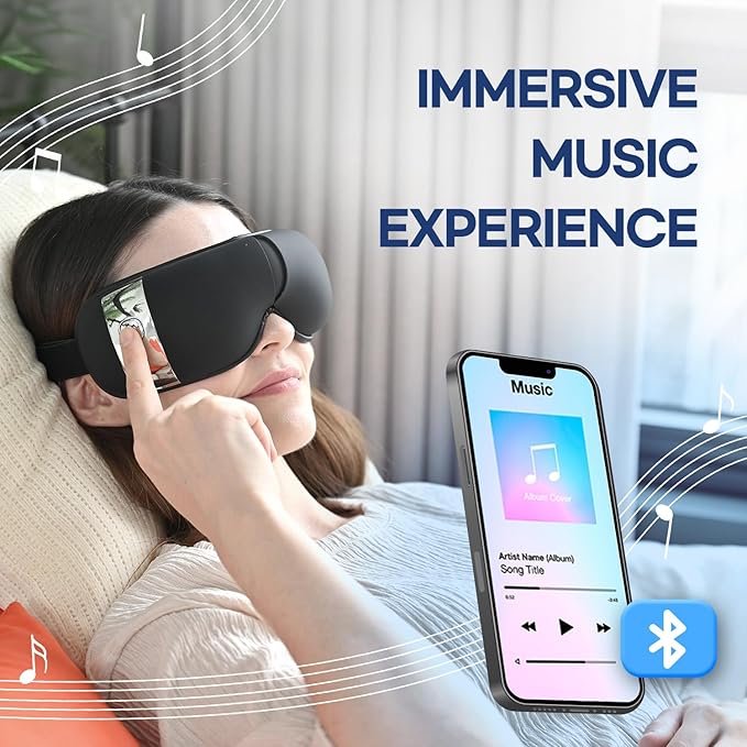HubiCare Eye Massager with Heat, Vibration, and Music Helps Relieve Strain, Dark Circles, Dryness, and for Migraine Relief Relaxation and Better Sleep Gifts for Women/Men (Black)