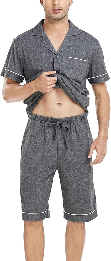 COLORFULLEAF Men's 100% Cotton Short Sleeve Pajama Sets Button Down Notched Collar Sleepwear Soft Lounge Pjs with Pockets