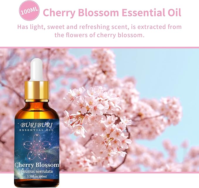 BURIBURI Cherry Blossom Essential Oil for Aromatherapy Diffuser, Skin, 100% Pure Cherry Blossom Oil 100ML for Candle, Soap, Perfume Making Cherry Fragrance Oil 3.38fl.oz