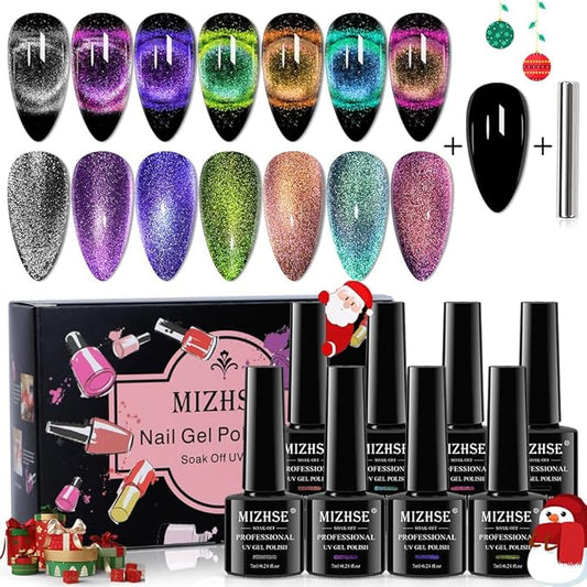 MIZHSE 2 In 1 9D Cat Eye Gel Nail Polish Kit, Upgraded Magnetic Gel Polish Set with Magnet, Shiny Chameleon Magic Galaxy Effect Soak Off Gel Nail Art Gift for Women