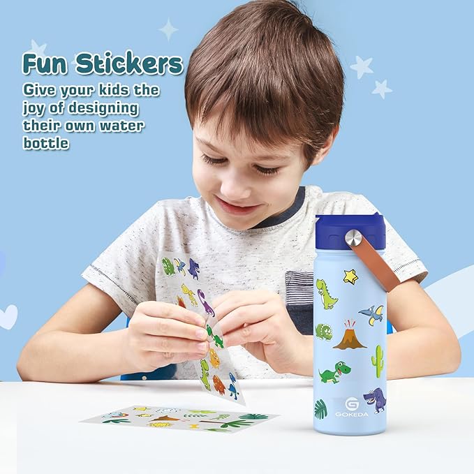 18oz Kids Water Bottle, Insulated Water Bottles with Stickers, 18/8 Stainless Steel Vacuum Leak Proof Straw Cup for School, Gifts for Boys Girls(Blue,White)