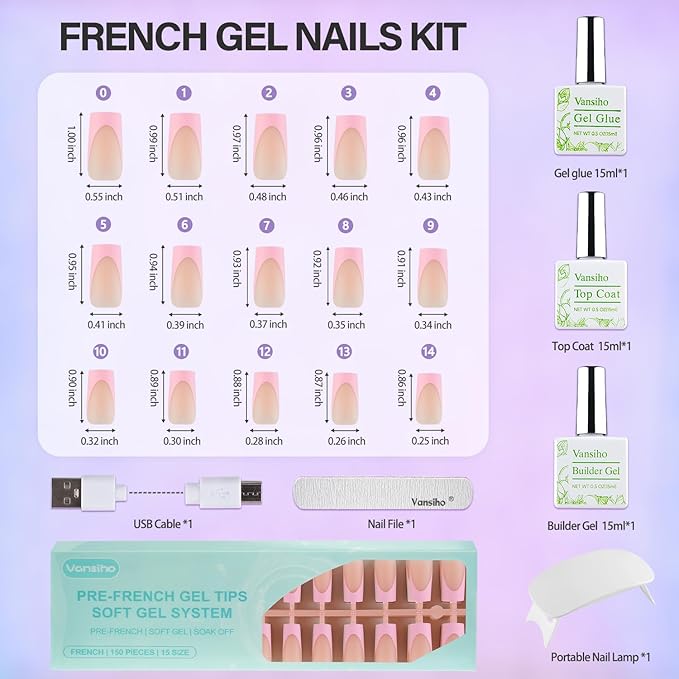 Vansiho French Gel Nails Kit - Long Square French Tip Press on Nails Kit, Nail Gel and Nail Lamp for Gift and Nail Art DIY
