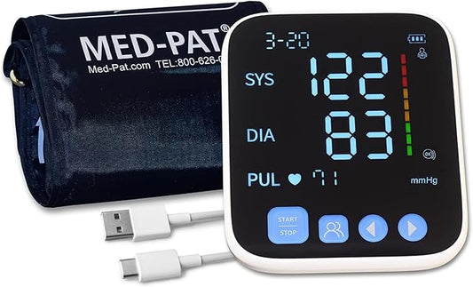 Med-Pat BP-S Arm Blood Pressure Monitor - 4.7" HD LCD Screen - 2 Users x 300 Memories Plus Guest Mode - Irregular Heartbeat Detection - Hold Still Indicator - FSA/HSA Approved - Portable Square Design