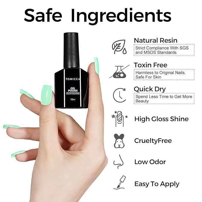 TOMICCA Green Gel Polish, Bright Green Nail Polish Gel, Soak Off UV LED Macaron Gel Polish Fast Dry, Spring Summer French Pastel Nail Art Manicure Salon DIY