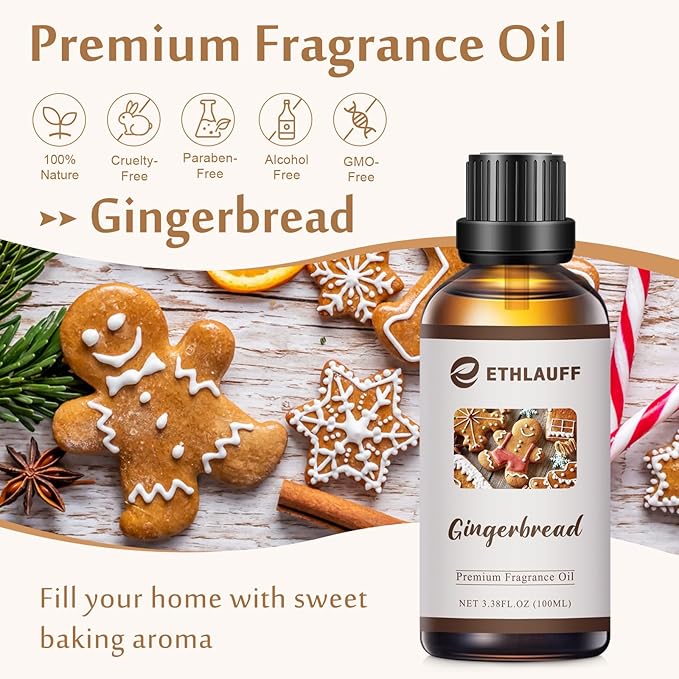 Gingerbread Fragrance Oil, Essential Oil for Diffusers for Home,Candle Scented Oils for Soap Making, Bath Bombs, Massage -3.38FL.OZ