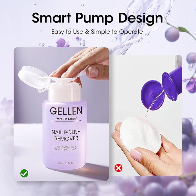Gellen Nail Polish Remover Grape Scent, Non Acetone Nail Polish Remover Pump for Quick Dry Polishes, Gentle Fingernail Polish Remover with Vitamin E, Powerful Polish Removal for Home Salon 6.09 Fl Oz
