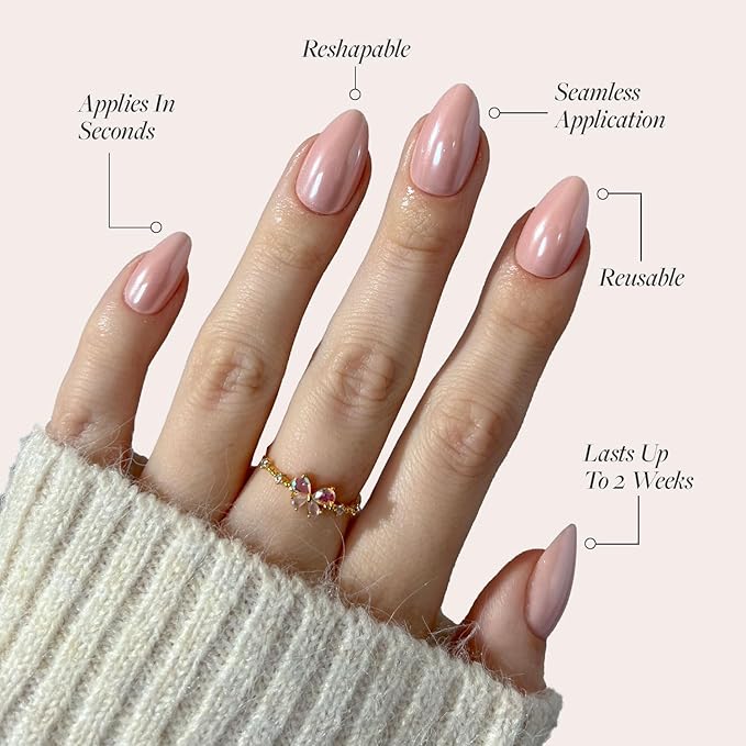 Glamnetic Press On Nails - First Kiss | Short Almond Neutral Pink Nails with a Glaze Finish | 15 Sizes - 30 Nail Kit with Glue
