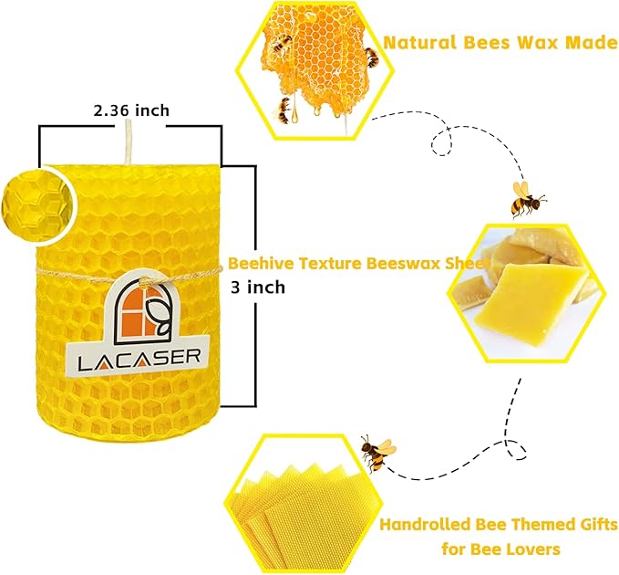 Lacaser Beeswax Pillar Candles Set of 3, 2.36" x 3" Pillar Candles,Unscented & Dripless & Smokeless, 8 Hours Burn Time, Yellow