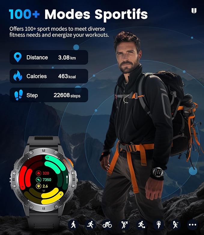 LIGE 1.43" AMOLED Smart Watch for Men with Flashlight, Bluetooth Calling, 100+ Sport Modes, 530mAh, IP68 Waterproof Fitness Tracker for Workout, iOS Android Compatible, Black Steel Leather