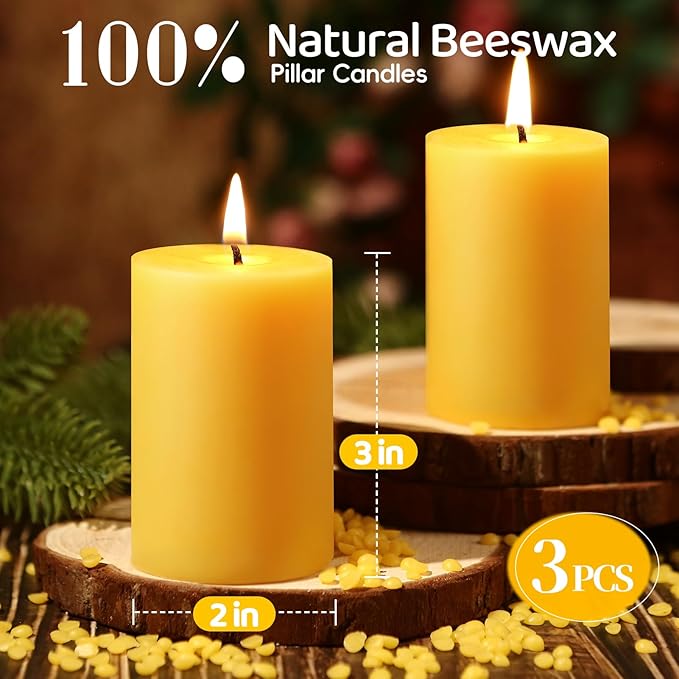 Natural Beeswax Pillar Candles,100% Pure Beeswax Candles-96 Hours Long Burning,Unscented Bees Wax Candles for Home,Prayer,Emergency,Dripless Smokeless Organic Pillar Candles Bluk-2x3in-3pack