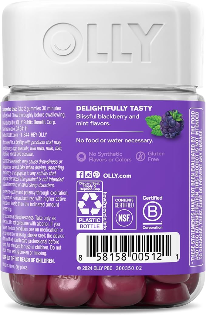 OLLY Restful Sleep Gummy Supplement with Melatonin & L-Theanine Chamomile, Blackberry Zen, 50 Gummies (25 Day Supply) Supports a Healthy Sleep Cycle* (Packaging May Vary)