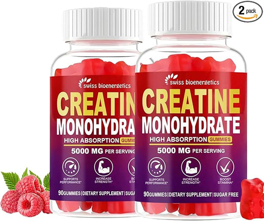 Creatine Monohydrate Gummies Infused with 5g Creatine for Men and Women, Chewable Creatine Monohydrate for Muscle Strength, Muscle Builder, Energy Boost, Pre-Workout Supplement-Raspberry 180 Count
