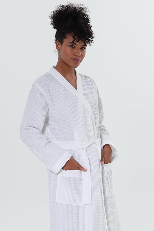 SEYANTE Women’s Luxury Waffle Shawl Collar, Hooded Robe w Piping – Lightweight, Long, Ultra Soft Spa Sleepwear Bathrobe