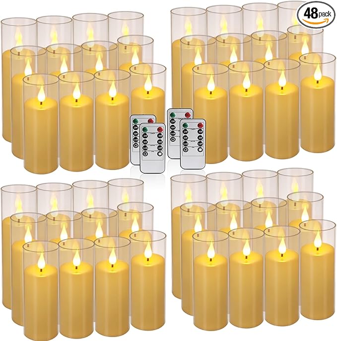Flickering Flameless Candles Battery Operated with Remote and 2/4/6/8 H Timer Plexiglass Led Pillar Candles with Realistic Moving Wick Candles for Home Decor Pack of 48(D2.2"xH 5"6"7")(Ivory)