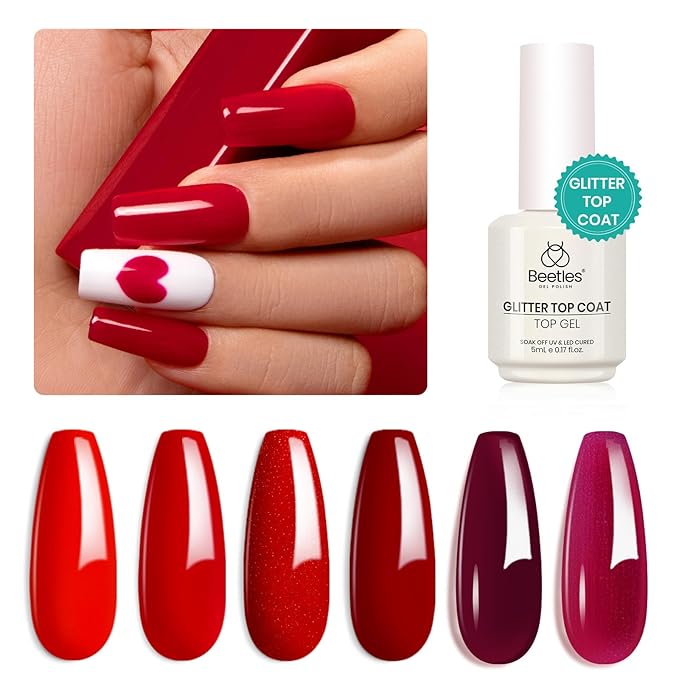 Beetles Red Gel Nail Polish Set with Top Coat, Winter Gel Polish 6 Colors Popular Shimmer Red Burgundy Nail Art Design Soak Off Uv LED Minicure DIY Home Gifts for Women
