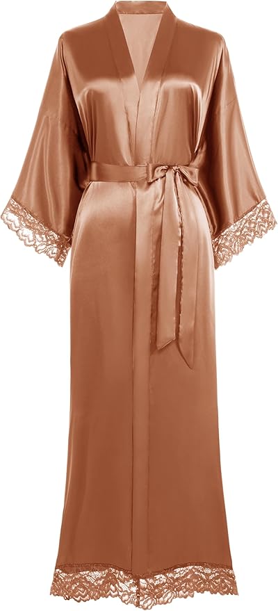 BABEYOND Satin Kimono Robe Silky Long Bridesmaid Wedding Lightweight Bath Robe with Lace Trim