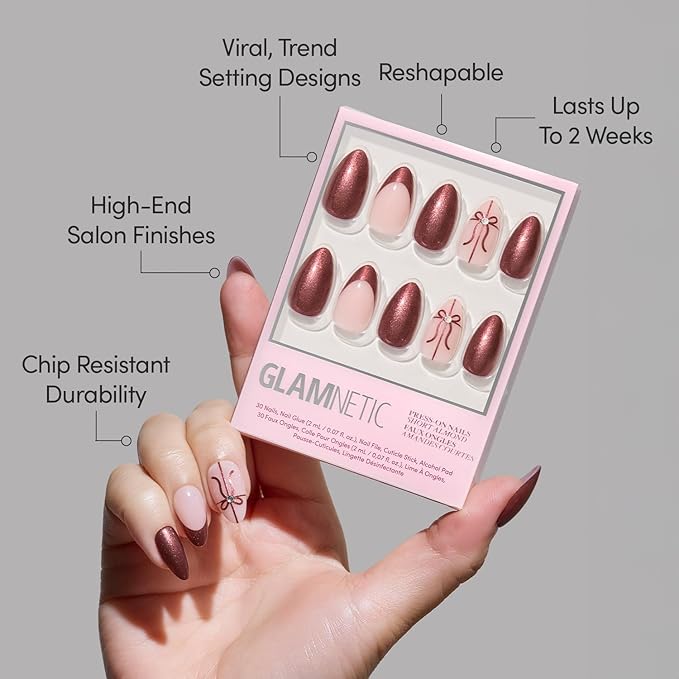Glamnetic Press On Nails - She's A Gift | Short Almond Fake Nails in Burgundy Chrome with French Tips and Ribbon Designs with 3D Gems, Salon Quality Holiday Nails | 15 Sizes - 30 Nail Kit with Glue