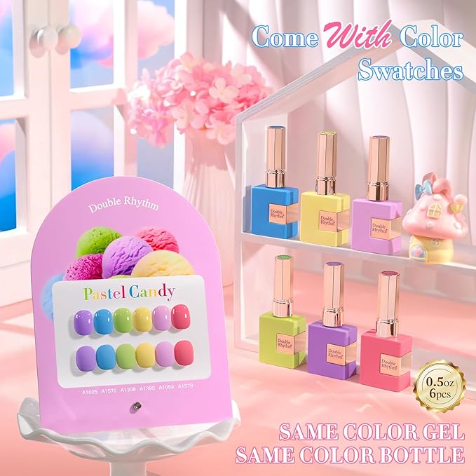 Double Rhythm 6 Pcs 15 ML Gel Polish Set Same Color Same Bottle Soak Off Gel Polish Kit Nail Art Manicure Salon DIY at Home for Women (Purple Blue Green Yellow Pink Peach-T6-10)