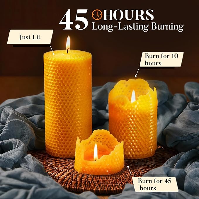 Beeswax Pillar Candles, 3x6 Inch -Set of 3 Hand-Rolled Honeycomb Candle - Long Burning 135+ Hours, Dripless Smokeless Unscented Handmade Beeswax for Home Decor, Prayer, Wedding,SPA