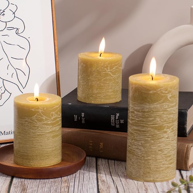 KONNI Wax Yellow Pillar Candles Set of 3, 3"x 4" Unscented Pillar Candles Bulk, 39 Hours Long Burning Candles, Smokeless&Dripless Large Round Candle for Wedding, Home Decoration, Parties, Spas, Dinner