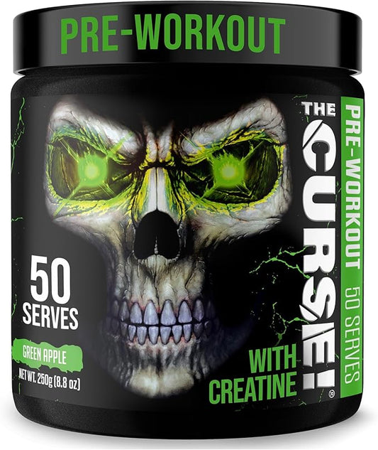 JNX SPORTS The Curse! Pre Workout Powder for Men & Women, Caffeine, Beta-Alanine, Creatine, L-Citrulline, 50 Servings, Green Apple Flavor – Boost Energy, Strength & Focus