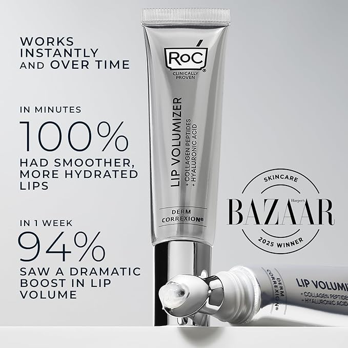 RoC Derm Correxion Lip Volumizer - Lip Plumper Peptide Treatment with Hyaluronic Acid & Vitamin E + Line Smoothing Eye Cream Packette