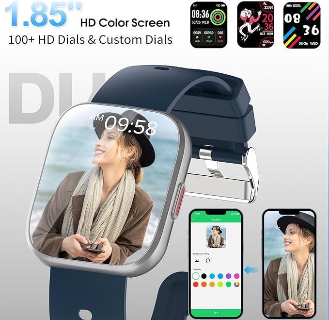 Smart Watch for Men Women Bluetooth Call, 2025 New 1.85" HD Smartwatch, Fitness Watch with 120+ Sport Modes, IP68 Waterproof, Heart Rate/Sleep Monitor, Pedometer, Activity Tracker for Android iOS,Blue