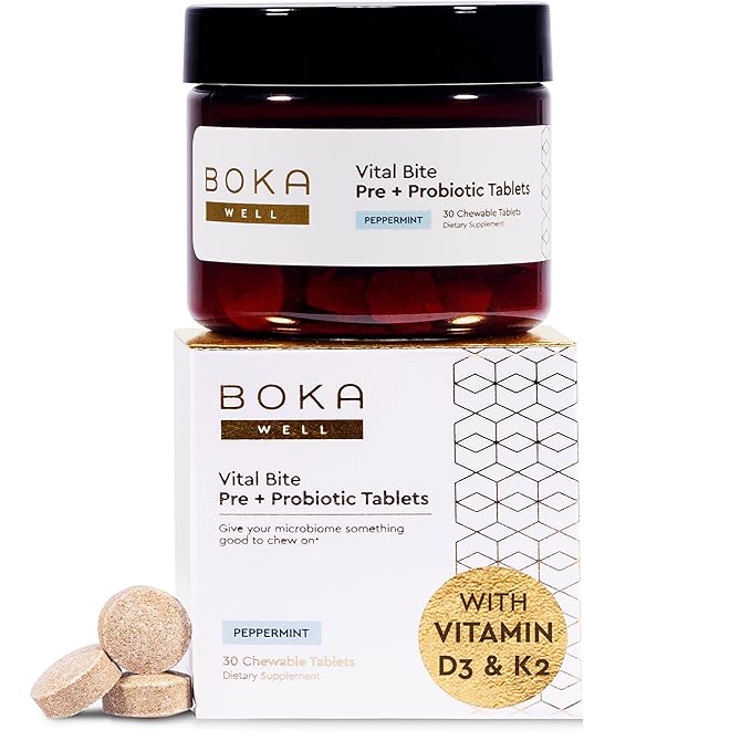 Boka Vital Bite Oral Pre + Probiotics - Sugar-Free Nut-Free Chewable Dental Probiotics for Teeth and Gums with BLIS K12, Vitamin D3 K2 for Men Women, Freshens Breath - Peppermint, 30 ct