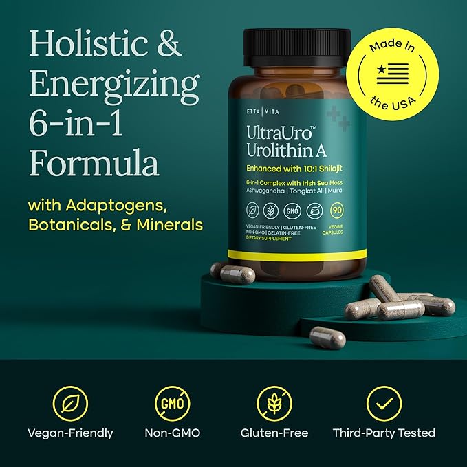 Anti-Aging Urolithin-A Complex with Shilajit, Organic Sea Moss, Ashwagandha, Tongkat Ali - Cellular Energy, Focus, Vitality, Hormonal & Mitochondria Support - Vegan Noni Longevity Supplement