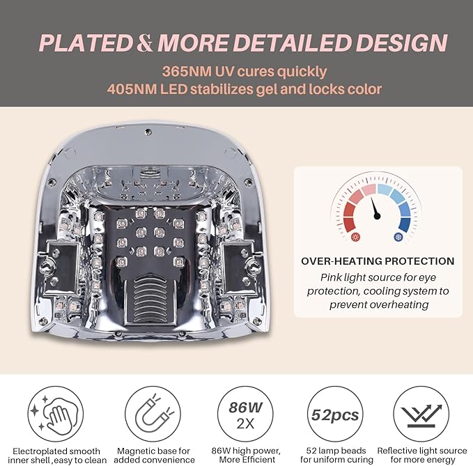 52 Beads Professional Nail Lamp,Cordless LED UV Light for Gel Nails,Electroplated Mirror-Finish Inner Wall and Base Plate,Rechargeable 18000 mAh Battery,84W High Power (Holographic Silver)