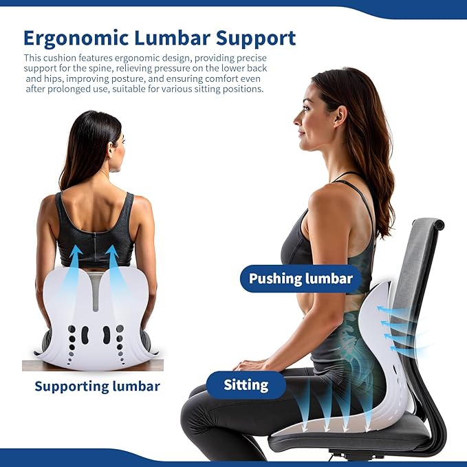 Ergonomic Back Support for Office Chair Cushion with Lumbar Pillow - Posture Corrector for Desk Chairs, Comfortable Memory Foam Seat Cushion for Lower Back Pain Relief (Black)