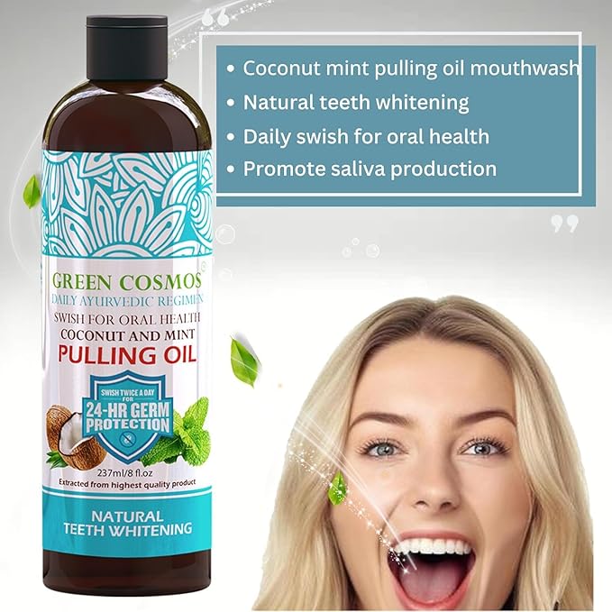 Coconut Mint Pulling Oil Mouthwash, 237ml Natural Teeth Whitening, Ayurvedic Daily Swish for Oral Health Alcohol & Fluoride Free, Healthy Gums, Fresh Breath, Solution for Bad Breath