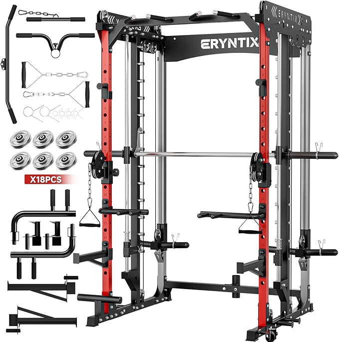 Smith Machine Home Gym for Strength Training, All-in-One Power Cage with Cable Crossover, Squat Rack, LAT Pulldown, Pull-Up Bar, 2600LBS Capacity Gym System with 18 Attachments