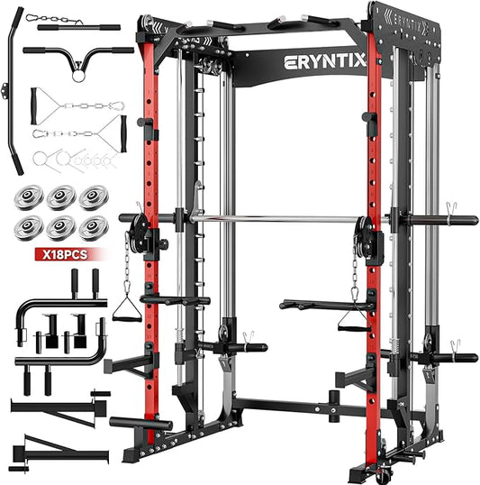 Smith Machine Home Gym for Strength Training, All-in-One Power Cage with Cable Crossover, Squat Rack, LAT Pulldown, Pull-Up Bar, 2600LBS Capacity Gym System with 18 Attachments