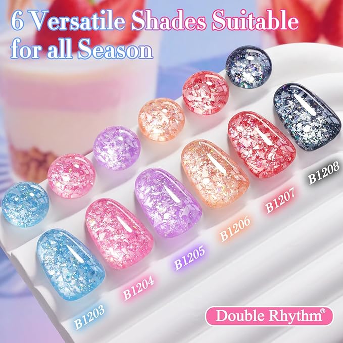 Double Rhythm 0.5 Oz Glitter Gel Polish Set of 6 Color with Display Borad 15 ml Full Size Kit Shimmer Reflective Sparkle Soak Off Manicure Salon DIY at Home (Black Red Pink Blue Orange Purple-T6-55)