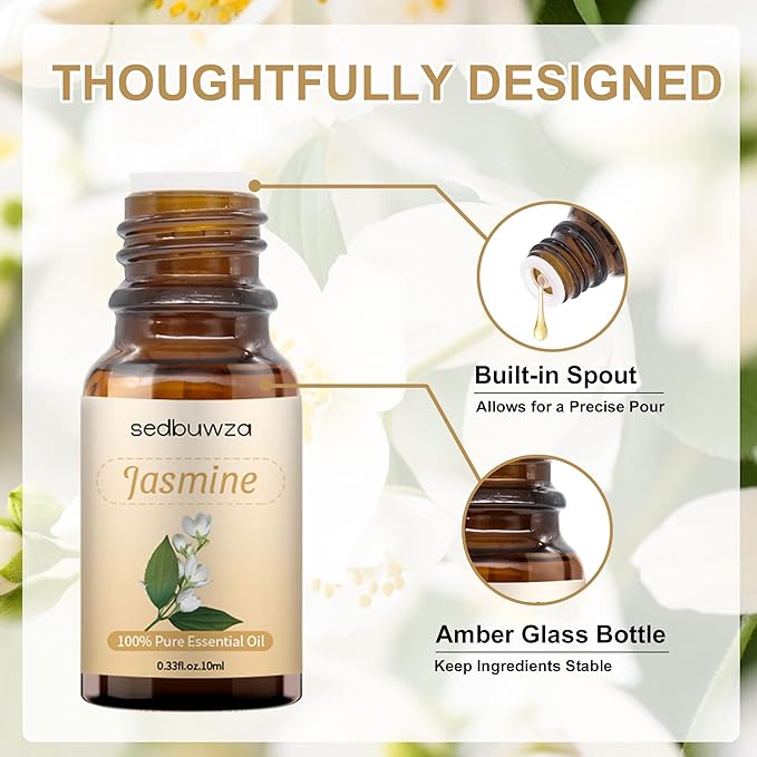 Sedbuwza Jasmine Essential Oil, Pure Organic Jasmine Fragrance Oil for Diffuser, Humidifier, Soap, Candle, Perfume