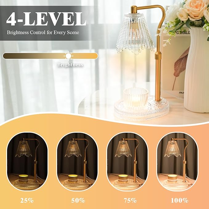 Candle Warmer Lamp with Adjustable Height - Flameless 4-Level Dimmable Wax Warmer, Timer Function & Stylish Design in Multiple Colors（Transparent）