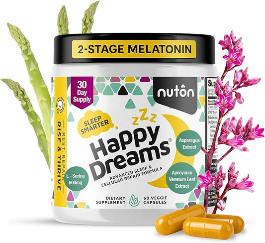 Nuton Happy Dreams Natural Sleep Aid Supplement & Cellular Vitality - Melatonin Sleep Aid for Adults, Time Release Formula with ETAS Asparagus, L-Serine and Venetron Extract, 60 Veggie Capsules