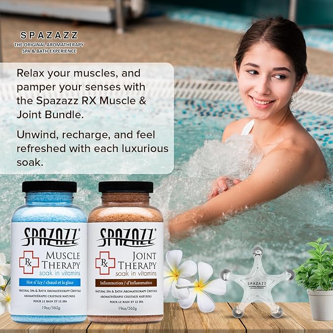Spazazz Hot Tub Aromatherapy Spa and Bath Salts Crystals 2 Pack Bundle- One 19 Oz Jar Each Spazazz Muscle Therapy and Joint Therapy Plus a 5 Point Massager- Safe for All Spa and Hot Tub