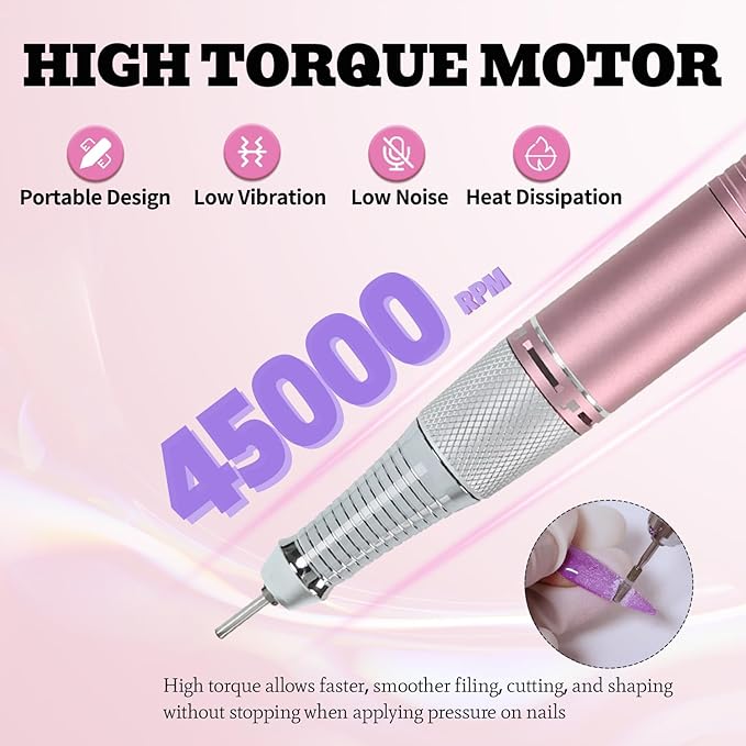 Professional Nail Drill File 45000RPM Electric Portable Nails Drills Kit with Rechargeable 7 uñas Bits Cordless Efile for Poly Gel Acrylic Nails Remover Home Salon Pedicure Manicure Tool (Rose Pink)