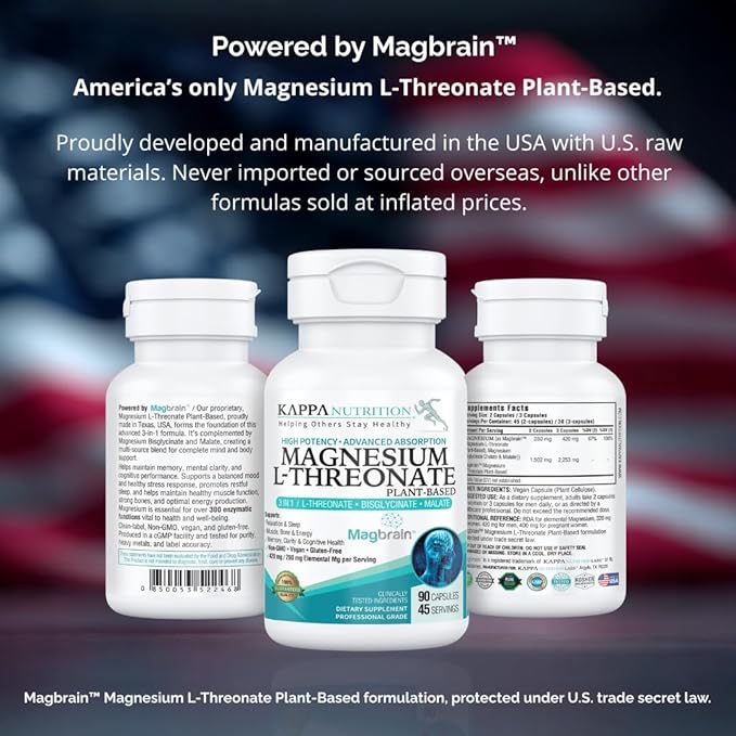 Kappa Nutrition Powered by Magbrain™ Magnesium L-Threonate Plant-Based, 420mg Elemental Magnesium (3 Capsules) from 2,253mg, 90 Vegan Capsules, Brain, Sleep & Muscle Support.
