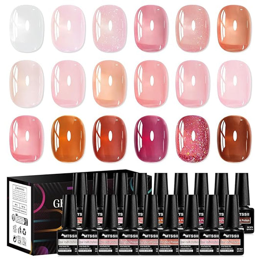 MTSSII 18 Pcs Jelly Gel Nail Polish Set, Pink Nude Sheer White Red Glitter Nail Polish Kit Translucent Soak Off UV Gel Long Lasting Suitable for Home and Salon