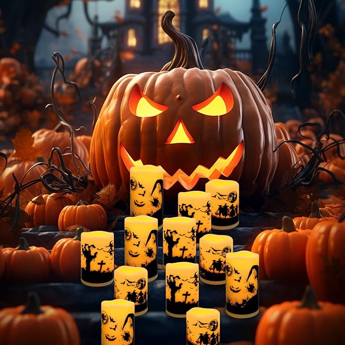 12-Pack Halloween LED Flameless Pillar Candles - Battery Operated with Remote & Timer, Flickering Warm Light, Witch/Bats/Castle Decals - Spooky Halloween Decor, Ghost Party Supplies, Gifts