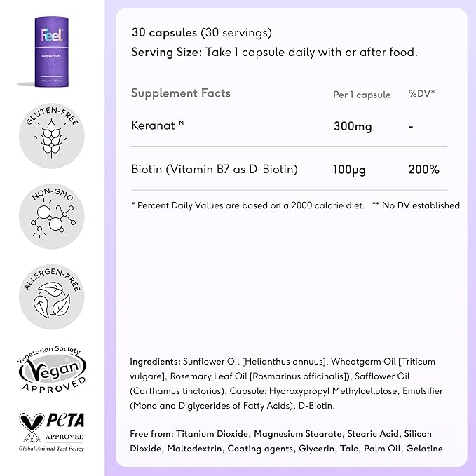 Feel Hair Support, Natural Support for Female Hair loss and Thinning Hair, Vegan, Contains Biotin and Rosemary Oil, 30 Capsules