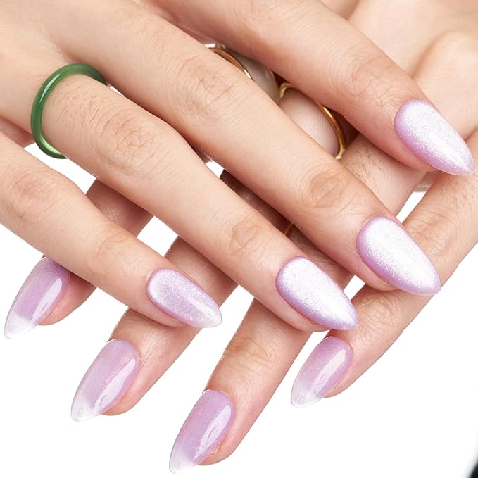 GLAMERMAID Pure Purple Magnet Cat Eyes Press on Nails Short Almond, Handmade Jelly Gel Fake Nail Kits, Ombre Glitter Magnetic Glue on Nail Stiletto，Aurora Medium Oval Stick on False Nail Set for Women