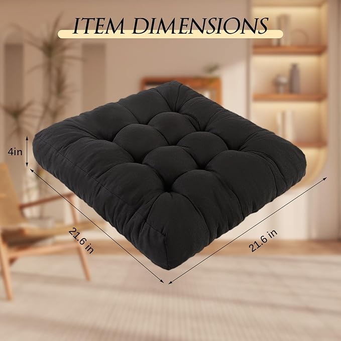 Meditation Floor Cushions, Thickened Floor Pillow for Adults, Large Square Pillows Seat Cushion for Tatami Living Room Yoga, Memory Sponge Block Added, 22x22 Inch, Black