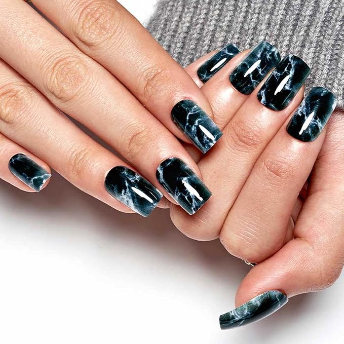 GLAMERMAID Ombre Press on Nails Medium Square, White Marbling in Black Jelly Gel Nails Square Fake Nails, Glossy Stick Glue on Nails Kit for Women, Reusable Stick on Acrylic Fake Nails Manicure Set