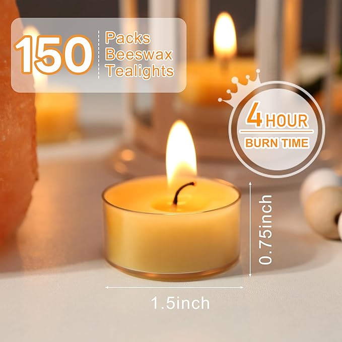 150Pcs Beeswax Tealight Candles, 100% Pure Beeswax Tea Candles | 4-Hour Extended Burn Time | Natural Bees Wax Tea Light Candle in Clear Cup, Perfect for Home Deco,Air Purification