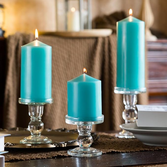 MOZEAL 3" x 6" Hand-Poured Unscented Turquoise Pillar Candles,Dripless Candles Set of 3,Long Lasting Burning,Approx 100 Hours Burn Time for Wedding,Dinner,Christmas and Home Decor